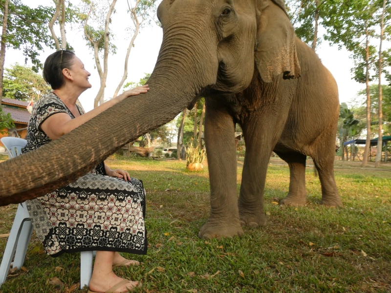 Christine Bonnemains avec une éléphante en Thaïlande